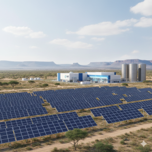 A conceptual rendering of a HDF Energy South Africa hydrogen power plant in the African landscape with solar panels and storage facilities.
