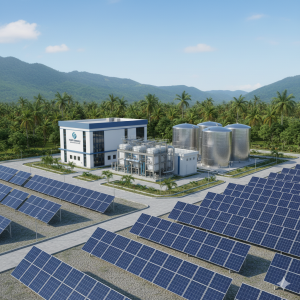 An architectural rendering of a HDF Energy hydrogen power plant showing solar panels, electrolyzers, and hydrogen storage tanks.